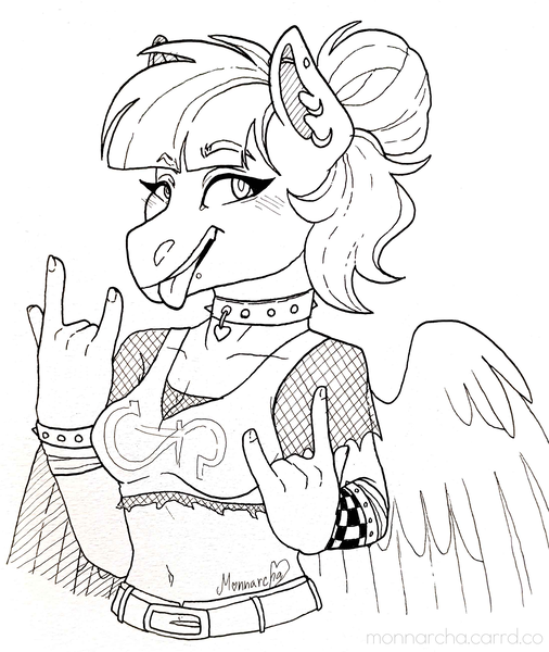 Size: 2195x2605 | Tagged: safe, artist:monnarcha, derpibooru import, oc, anthro, pegasus, bracelet, choker, devil horn (gesture), female, fishnet clothing, image, insanity, jewelry, monochrome, png, solo, spiked choker, spiked wristband, wristband