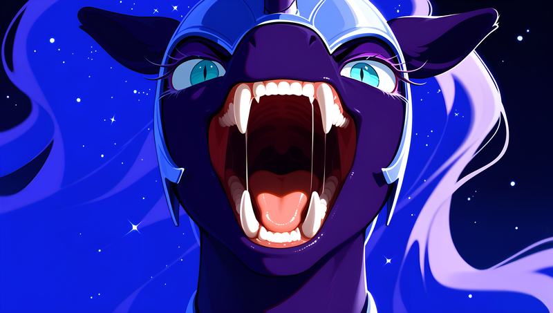 Size: 3840x2176 | Tagged: safe, ai content, derpibooru import, generator:tponynai3, machine learning generated, prompter:truekry, nightmare moon, alicorn, pony, g4, close-up, female, helmet, horn, image, mare, open mouth, png, sharp teeth, slit pupils, solo, teeth, wallpaper