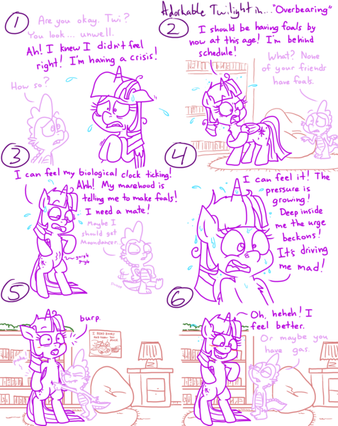 Size: 4779x6013 | Tagged: safe, artist:adorkabletwilightandfriends, derpibooru import, spike, twilight sparkle, twilight sparkle (alicorn), alicorn, comic:adorkable twilight and friends, adorkable, adorkable twilight, beanbag chair, bipedal, bookshelf, burp, comic, crisis, cute, dork, family, funny, gas, humor, image, lamp, nervous, nostril flare, nostrils, png, poking, pressure, rug, shelf, slice of life, standing, stomach, stomach growl, stomach noise, sweat