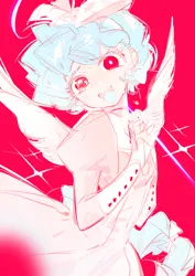 Size: 2150x3035 | Tagged: safe, artist:minodreamland, derpibooru import, cozy glow, human, clothes, colored sketch, dress, humanized, image, jpeg, looking at you, open mouth, red background, simple background, sketch, solo, sparkles, tail, tailed humanization, text, winged humanization, wings