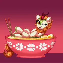 Size: 4000x4000 | Tagged: safe, artist:confetticakez, derpibooru import, autumn blaze, kirin, g4, awwtumn blaze, bowl, chopsticks, cute, food, image, jpeg, looking at you, noodles, one eye closed, ponies in food, ramen, solo, wink, winking at you