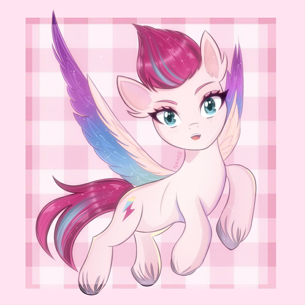 Size: 900x900 | Tagged: safe, artist:namieart, derpibooru import, zipp storm, pegasus, pony, g5, adorazipp, cute, female, flying, image, jpeg, mare, open mouth, open smile, patterned background, round belly, short legs, signature, smiling, solo, spread wings, unshorn fetlocks, wings