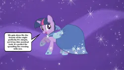 Size: 2348x1321 | Tagged: safe, derpibooru import, screencap, twilight sparkle, unicorn, g4, suited for success, clothes, dress, gala dress, image, jpeg, speech bubble, talking to viewer, unicorn twilight