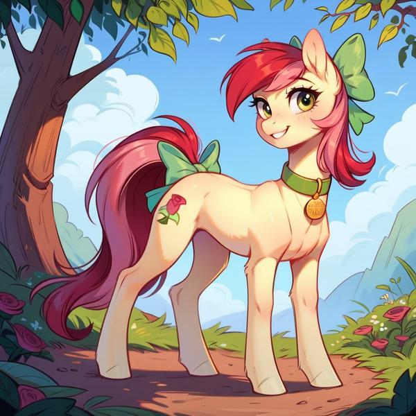 Size: 1024x1024 | Tagged: safe, ai content, derpibooru import, machine learning generated, prompter:doom9454, stable diffusion, roseluck, pony, bow, collar, cute, fluffy, generator:pony diffusion v6 xl, hair bow, image, jpeg, looking at you, pet tag, pony pet, rosepet, smiling, standing, tail, tail bow