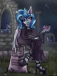 Size: 506x676 | Tagged: safe, artist:minka, derpibooru import, oc, oc:epitaphy, unofficial characters only, anthro, bat pony, undead, vampire, bat pony oc, bat wings, blue lipstick, church, clothes, dress, edgy, fangs, feet, female, flower, goth, gothic, graveyard, heterochromia, high heels, image, jewelry, lipstick, long dress, long nails, long toenails, looking at you, metal band, platform heels, png, ring, rose, ruins, shoes, the vampires, toenails, wings