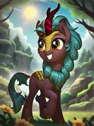 Size: 3552x4736 | Tagged: safe, ai content, derpibooru import, machine learning generated, prompter:bluetoothworld, cinder glow, summer flare, kirin, pony, g4, cute, female, flower, forest, high res, image, nature, png, sky, smiling, solo, sun, tree