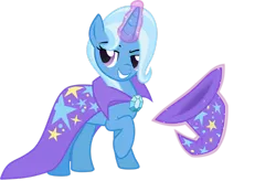 Size: 1600x1052 | Tagged: safe, artist:20pixels, derpibooru import, trixie, pony, unicorn, 2013, alternate hairstyle, cape, clothes, female, grin, hat, horn, image, levitation, lidded eyes, magic, magic aura, mare, png, raised hoof, smiling, solo, standing, telekinesis, trixie's cape, trixie's hat, vector