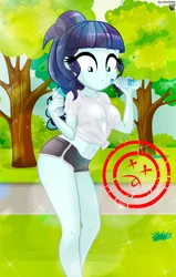 Size: 809x1276 | Tagged: suggestive, alternate version, artist:charliexe, derpibooru import, coloratura, equestria girls, g4, breasts, clothes, fail, female, image, jpeg, rara, shirt, shorts, smiling, solo, solo female, sports shorts, t-shirt, water bottle, yoga