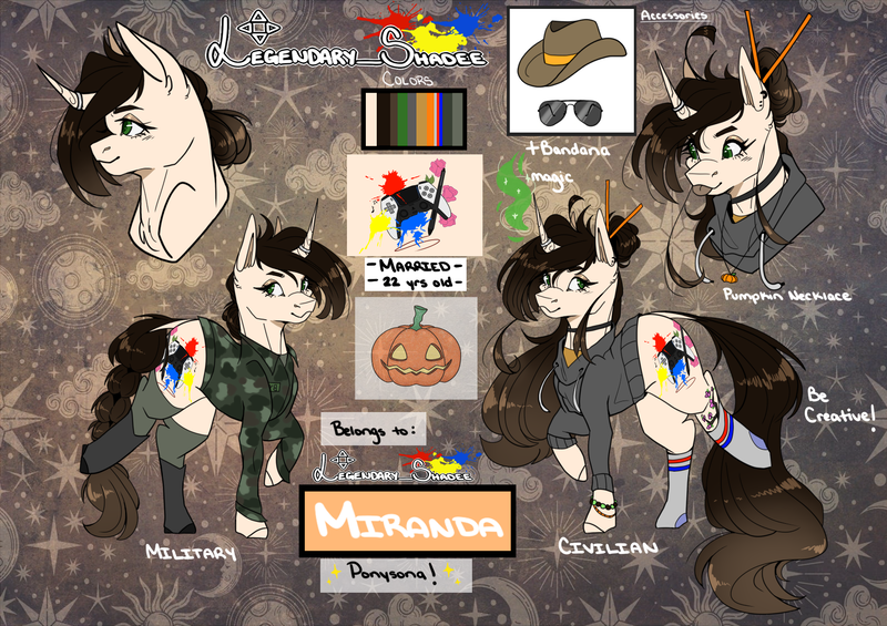 Size: 1700x1200 | Tagged: safe, artist:legendaryshadee, derpibooru import, oc, oc:miranda, pony, unicorn, camouflage, clothes, female, hoodie, horn, image, mare, png, reference sheet, solo