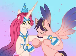 Size: 4496x3300 | Tagged: safe, artist:kelseyleah, derpibooru import, princess amore, oc, oc:crescendo celestine, pegasus, pony, unicorn, horn, image, jpeg, kissing, male, stallion