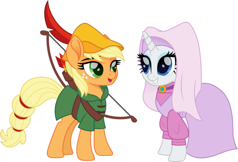 Size: 1280x874 | Tagged: safe, artist:cloudy glow, derpibooru import, applejack, rarity, earth pony, pony, unicorn, g4, arrow, bow (weapon), bow and arrow, disney, female, horn, image, lesbian, maid marian, mare, png, rarijack, robin hood, shipping, simple background, transparent background, weapon