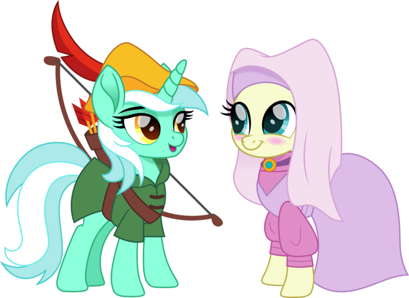 Size: 1280x935 | Tagged: safe, alternate version, artist:cloudy glow, derpibooru import, bon bon, lyra heartstrings, sweetie drops, earth pony, pony, unicorn, g4, alternate character, arrow, bow (weapon), bow and arrow, disney, female, horn, image, lesbian, lyrabon, maid marian, mare, png, robin hood, shipping, simple background, transparent background, weapon