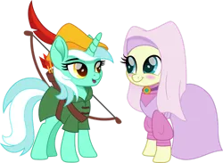 Size: 1280x935 | Tagged: safe, alternate version, artist:cloudy glow, derpibooru import, bon bon, lyra heartstrings, sweetie drops, earth pony, pony, unicorn, g4, alternate character, arrow, bow (weapon), bow and arrow, disney, female, horn, image, lesbian, lyrabon, maid marian, mare, png, robin hood, shipping, simple background, transparent background, weapon