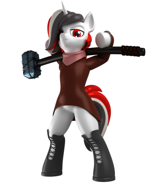 Size: 1500x1700 | Tagged: safe, artist:argos90, derpibooru import, oc, oc:red rocket, unicorn, 3d, 3d model, bandana, boots, clothes, hammer, horn, image, looking at you, png, rubber boots, shoes, unamused