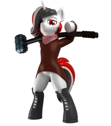 Size: 1500x1700 | Tagged: safe, artist:argos90, derpibooru import, oc, oc:red rocket, unicorn, 3d, 3d model, bandana, boots, clothes, hammer, horn, image, looking at you, png, rubber boots, shoes, unamused