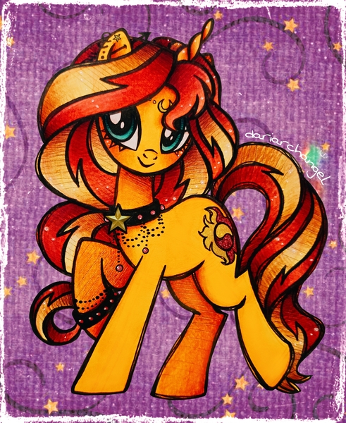 Size: 2584x3160 | Tagged: safe, artist:dariarchangel, derpibooru import, sunset shimmer, pony, unicorn, equestria girls, g4, alternate hairstyle, beads, big eyes, blushing, bracelet, choker, crescent moon, cute, ear piercing, earring, female, glittery cutie mark, horn, image, jewelry, jpeg, long hair, long mane, long tail, mare, moon, orange coat, piercing, raised hoof, redhead, rockstar, shimmerbetes, smiling, solo, stars, tail, traditional art, two toned hair, two toned mane, two toned tail, unicorn horn