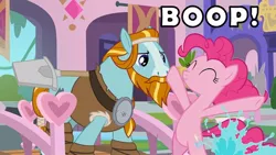 Size: 800x450 | Tagged: safe, derpibooru import, edit, edited screencap, screencap, pinkie pie, rockhoof, earth pony, pony, a rockhoof and a hard place, g4, ^^, beard, boop, eyes closed, facial hair, female, image, jpeg, male, mare, stallion