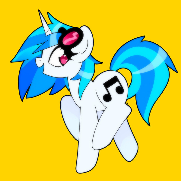 Size: 1750x1750 | Tagged: safe, artist:vivian reed, derpibooru import, vinyl scratch, pony, unicorn, g4, female, heart, heart eyes, horn, image, jpeg, mare, no pupils, open mouth, open smile, simple background, smiling, solo, sunglasses, sunglasses on head, trotting, wingding eyes, yellow background