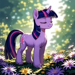 Size: 2800x2800 | Tagged: safe, ai content, derpibooru import, generator:tponynai3, machine learning generated, prompter:derp621, twilight sparkle, pony, unicorn, blurry background, eyes closed, flower, horn, image, jpeg, prompt in description, solo