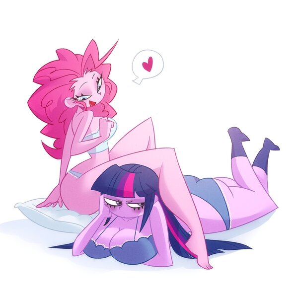 Size: 2013x2048 | Tagged: suggestive, artist:pumpkiner_, derpibooru import, pinkie pie, twilight sparkle, human, equestria girls, g4, ass, big breasts, bra, breasts, busty pinkie pie, busty twilight sparkle, butt, cleavage, clothes, duo, duo female, feet, female, frilly underwear, huge breasts, image, jpeg, lesbian, lying down, open mouth, panties, pillow, prone, shipping, simple background, socks, speech bubble, twibutt, twinkie, underwear, white background