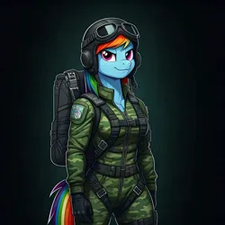 Size: 1024x1024 | Tagged: safe, ai content, derpibooru import, generator:google imagen 3.0, machine learning generated, prompter:zerowinger, rainbow dash, anthro, g4, clothes, cosplay, costume, female, g.i. joe, gloves, goggles, gradient background, harness, helmet, image, jpeg, military uniform, paratrooper, ripcord, smiling, smirk, solo, tack, uniform