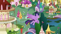 Size: 1280x720 | Tagged: safe, derpibooru import, screencap, atomic crystal, beta particle, bigger jim, cherry berry, fluttershy, lemon chiffon, lemon hearts, neighls bohr, plunkett, royal riff, salt water, twilight sparkle, twilight sparkle (alicorn), winter wisp, alicorn, pony, fame and misfortune, g4, season 7, image, png, ponyville