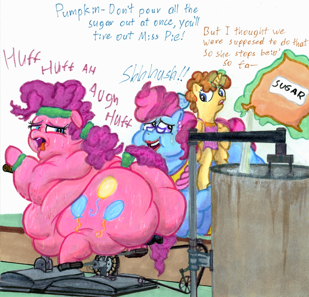 Size: 3559x3425 | Tagged: questionable, artist:white-eyed vireo, derpibooru import, cup cake, pinkie pie, pumpkin cake, pony, balloonbutt, belly, big belly, bingo wings, butt, chubby cheeks, double chin, drawing, exercise, exercise bike, fat, fat fetish, fetish, flabby chest, huge belly, huge butt, image, jpeg, large butt, morbidly obese, multichin, neck roll, obese, rolls of fat, traditional art