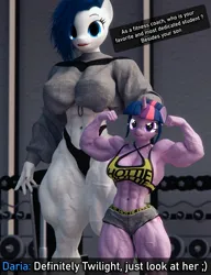 Size: 2000x2600 | Tagged: suggestive, artist:dashie116, ponerpics import, twilight sparkle, oc, unofficial characters only, anthro, 3d, ask, bikini, bikini bottom, breasts, clothes, dialogue, duo, female, hoodie, image, jpeg, muscles, muscular female, swimsuit