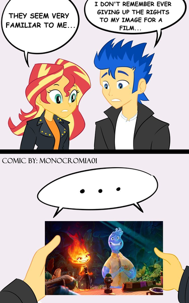 Size: 750x1200 | Tagged: safe, artist:monocromia, derpibooru import, flash sentry, sunset shimmer, elemental, human, equestria girls, g4, crossover, disney, duo, female, flashimmer, image, male, png, shipping, straight