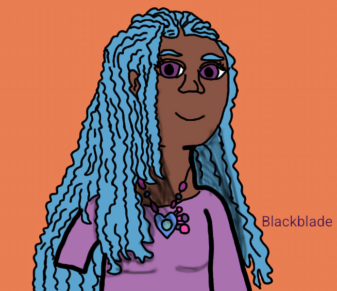 Size: 740x640 | Tagged: safe, artist:blackblade360, derpibooru import, izzy moonbow, human, g5, african american, black, bust, clothes, curly hair, cutie mark accessory, digital art, eyelashes, human coloration, humanized, ibispaint x, image, jewelry, long hair, looking at you, necklace, png, pony to human, purple eyes, purple shirt, shading, shirt, signature, smiling, smiling at you