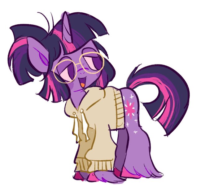 Size: 2048x1932 | Tagged: safe, artist:alexbeeza, derpibooru import, twilight sparkle, pony, unicorn, g4, alternate accessories, alternate design, alternate hairstyle, blush sticker, blushing, clothes, colored hooves, colored pinnae, colored sclera, female, glasses, hoodie, hooves, horn, image, jpeg, lidded eyes, looking back, mare, meganekko, no catchlights, no pupils, open mouth, open smile, pink hooves, pink sclera, ponytail, purple eyes, purple mouth, round glasses, simple background, smiling, standing, three toned mane, three toned tail, unicorn horn, unicorn twilight, unshorn fetlocks, white background