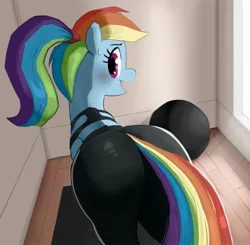 Size: 2210x2166 | Tagged: safe, alternate version, artist:_ton618_, derpibooru import, rainbow dash, pegasus, pony, g4, alternate hairstyle, blushing, butt, clothes, female, image, jpeg, looking at you, looking back, looking back at you, mare, no dialogue, open mouth, open smile, pants, plot, ponytail, rainbutt dash, rear view, smiling, smiling at you, solo, yoga pants