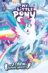 Size: 2063x3131 | Tagged: safe, artist:justasuta, derpibooru import, idw, official, pipp petals, sunny starscout, pegasus, pony, g5, spoiler:comic, spoiler:g5, spoiler:g5comic, colored wings, colored wingtips, comic cover, cover, cover art, female, flying, image, mare, multicolored wings, my little pony logo, my little pony: the storm of zephyr heights, official comic, open mouth, png, spread wings, the storm of zephyr heights #3, wings