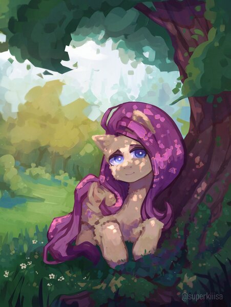 Size: 2131x2833 | Tagged: safe, artist:superkiiisa, derpibooru import, fluttershy, pegasus, pony, dappled sunlight, image, jpeg, lightly watermarked, looking at you, solo, tree, under the tree, watermark