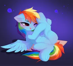 Size: 4096x3721 | Tagged: safe, artist:empress-twilight, derpibooru import, rainbow dash, pegasus, pony, g4, belly, belly button, blushing, butt, chest fluff, dock, ear fluff, featureless crotch, female, fluffy, image, jpeg, mare, one eye closed, plot, solo, stretching, tail, tongue out, underhoof, wings