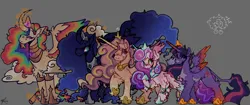 Size: 4096x1714 | Tagged: safe, artist:mercedeskenny, derpibooru import, princess cadance, princess celestia, princess flurry heart, princess luna, twilight sparkle, twilight sparkle (alicorn), alicorn, pony, g4, alicorn tetrarchy, alternate design, coat markings, colored wings, curved horn, facial markings, female, gradient wings, high res, horn, image, leonine tail, mare, multicolored hair, older, older flurry heart, pale belly, png, rainbow hair, snip (coat marking), spread wings, tail, twitterina design, wings