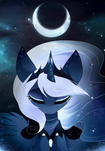 Size: 1612x2323 | Tagged: safe, artist:magnaluna, derpibooru import, princess luna, alicorn, pony, zefiros codex, g4, alternate design, alternate universe, beautiful, bust, color porn, crescent moon, crown, cute, ethereal mane, eyes closed, female, horn, image, jewelry, jpeg, lunabetes, mare, moon, night, night sky, peytral, regalia, scenery, sky, solo, spread wings, stars, white-haired luna, wings