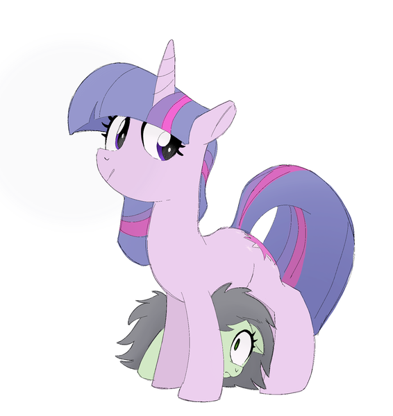 Size: 1736x1841 | Tagged: safe, artist:mandumustbasukanemen, derpibooru import, twilight sparkle, oc, oc:anonfilly, pony, unicorn, duo, female, filly, foal, hiding, image, looking back, mare, png, scared, simple background, unicorn twilight, white background