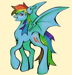 Size: 1440x1493 | Tagged: safe, artist:broniesforponies, derpibooru import, rainbow dash, bat pony, pony, bat ponified, female, image, jpeg, mare, open mouth, open smile, race swap, rainbowbat, simple background, smiling, solo, yellow background