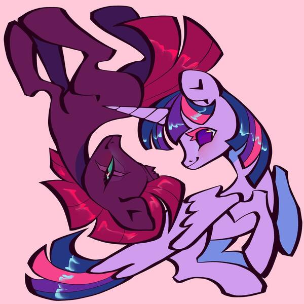 Size: 1440x1440 | Tagged: safe, artist:broniesforponies, derpibooru import, tempest shadow, twilight sparkle, twilight sparkle (alicorn), alicorn, pony, unicorn, duo, duo female, female, horn, image, jpeg, lesbian, mare, pink background, ship:tempestlight, shipping, simple background