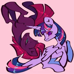 Size: 1440x1440 | Tagged: safe, artist:broniesforponies, derpibooru import, tempest shadow, twilight sparkle, twilight sparkle (alicorn), alicorn, pony, unicorn, duo, duo female, female, horn, image, jpeg, lesbian, mare, pink background, ship:tempestlight, shipping, simple background