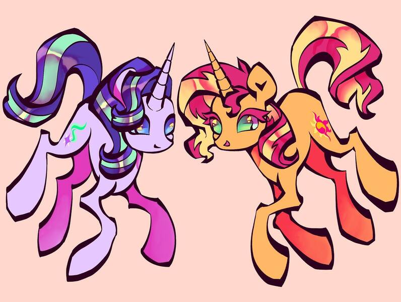 Size: 1440x1085 | Tagged: safe, artist:broniesforponies, derpibooru import, starlight glimmer, sunset shimmer, pony, unicorn, g4, duo, duo female, female, horn, image, jpeg, mare, pink background, simple background