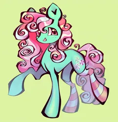 Size: 1440x1485 | Tagged: safe, artist:broniesforponies, derpibooru import, minty, earth pony, pony, g3, curly mane, curly tail, female, full body, green background, image, jpeg, mare, pink mane, raised hoof, simple background, solo, tail, teal coat