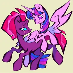 Size: 1440x1440 | Tagged: safe, artist:broniesforponies, derpibooru import, tempest shadow, twilight sparkle, twilight sparkle (alicorn), alicorn, pony, unicorn, duo, duo female, female, horn, image, jpeg, lesbian, mare, pink background, ship:tempestlight, shipping, simple background, tan background