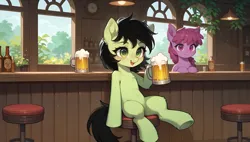 Size: 3840x2176 | Tagged: safe, ai content, derpibooru import, generator:tponynai3, machine learning generated, prompter:truekry, berry punch, berryshine, oc, oc:anonfilly, earth pony, pony, g4, alcohol, bar, bar stool, beer, bottle, female, filly, image, png, sitting, wallpaper