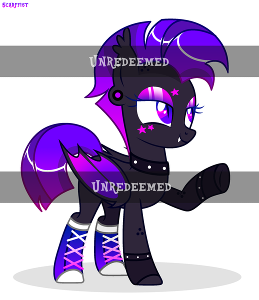 Size: 2300x2666 | Tagged: safe, artist:scarffist, derpibooru import, oc, unofficial characters only, bat pony, pony, base used, bat ears, bat eyes, bat pony oc, bat wings, bracelet, clothes, collar, colored wings, cute, dark skin, ear piercing, eyeshadow, gradient wings, happy, image, iroquois, jewelry, long hair, long mane, makeup, piercing, png, punk, purple eyes, purple hair, purple mane, retrowave, short tail, simple background, smiling, solo, stars, tail, watermark, white background, wings