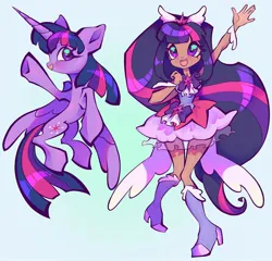 Size: 1440x1380 | Tagged: safe, artist:broniesforponies, derpibooru import, twilight sparkle, twilight sparkle (alicorn), alicorn, human, pony, g4, blue background, humanized, image, jpeg, magical girl, raised hand, raised hoof, simple background, twolight