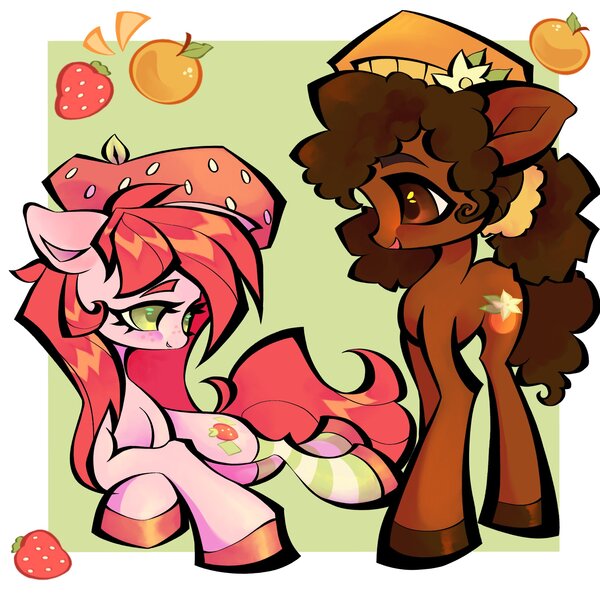 Size: 2048x2048 | Tagged: safe, artist:broniesforponies, derpibooru import, orange blossom, prim posy, ponified, earth pony, pony, duo, duo female, female, food, image, jpeg, lying down, mare, orange, prone, strawberry, strawberry shortcake, two toned background