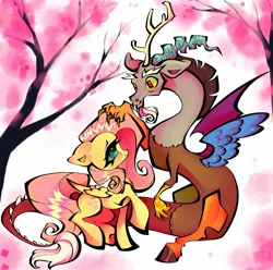 Size: 2013x1993 | Tagged: safe, artist:broniesforponies, derpibooru import, discord, fluttershy, draconequus, pegasus, pony, cute, discoshy, duo, female, image, jpeg, male, shipping, straight, tree