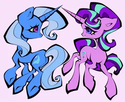 Size: 2048x1680 | Tagged: safe, artist:broniesforponies, derpibooru import, starlight glimmer, trixie, pony, unicorn, duo, duo female, female, horn, image, jpeg, lesbian, mare, pink background, shipping, simple background, startrix